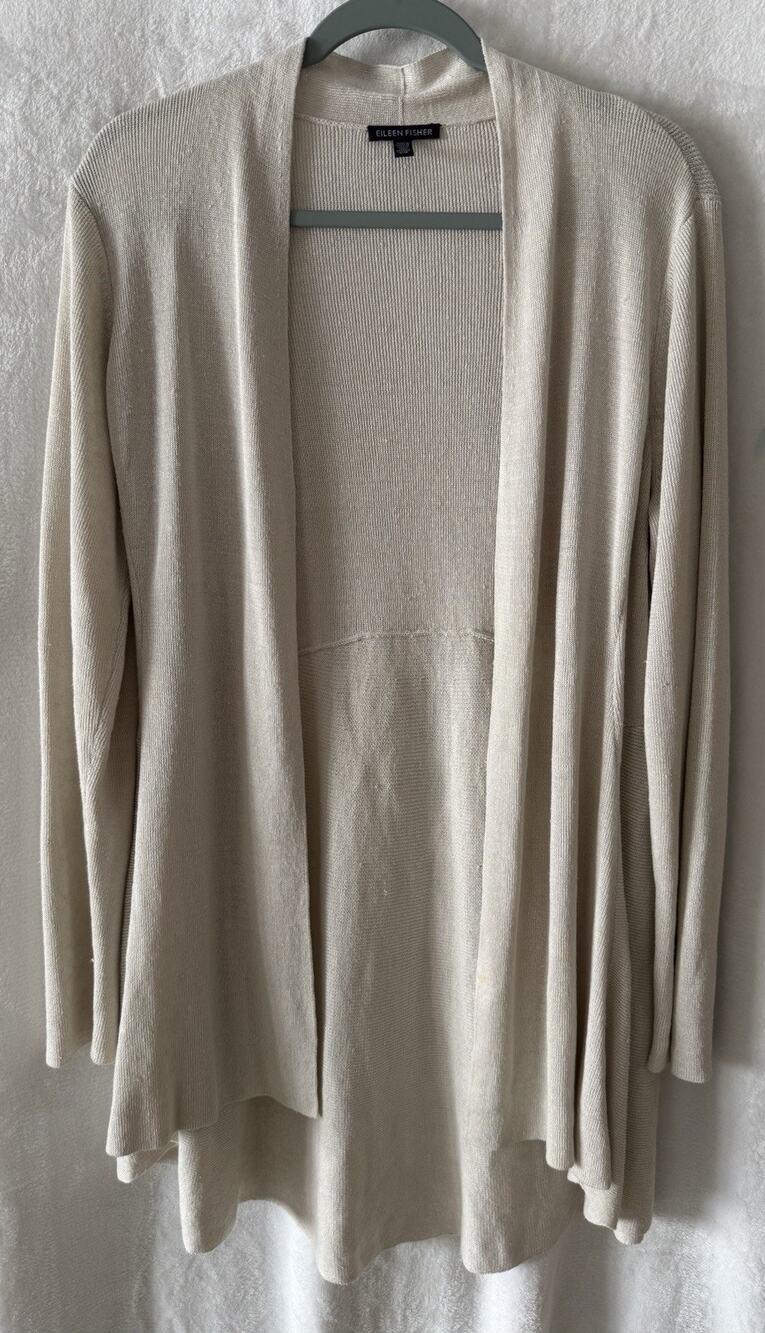 Eileen Fisher Organic Linen Beige Open Long Cardigan Sweater Tunic Size Large
